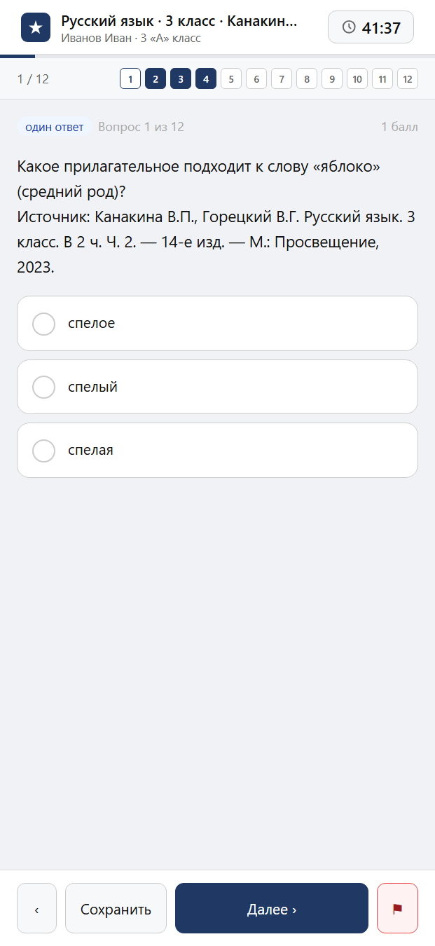 Тест «Русский язык · 3 класс · Канакина, 2023 · Имя прилагательное и местоимение» на смартфоне — адаптивный интерфейс прохождения теста