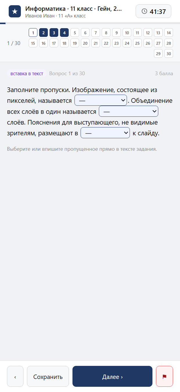 Тест «Информатика · 11 класс · Гейн, 2023 · ПА 3 · Обработка графики и компьютерные презентации; Телекоммуникационные сети и защита информации и другие темы» на смартфоне — адаптивный интерфейс прохождения теста