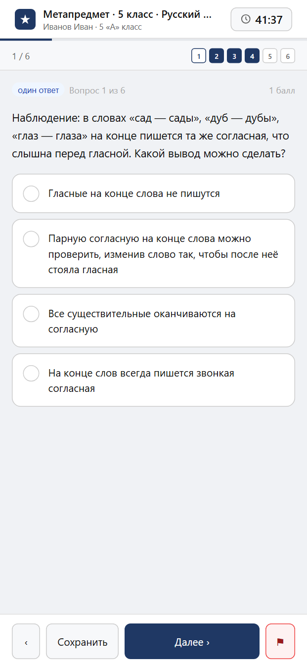 Тест «Метапредмет · 5 класс · Русский язык · Выводы» на смартфоне — адаптивный интерфейс прохождения теста