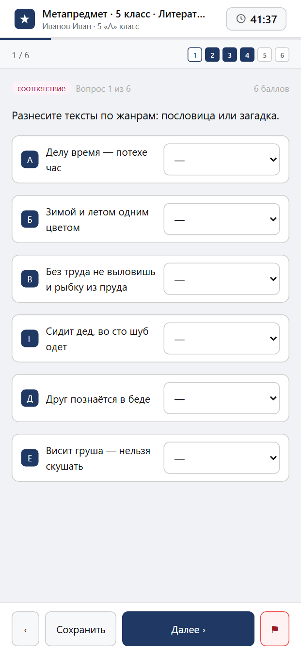 Тест «Метапредмет · 5 класс · Литература · Группировка (классификация)» на смартфоне — адаптивный интерфейс прохождения теста