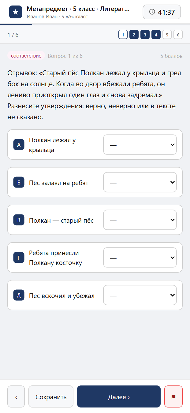 Тест «Метапредмет · 5 класс · Литература · Смысловое чтение» на смартфоне — адаптивный интерфейс прохождения теста
